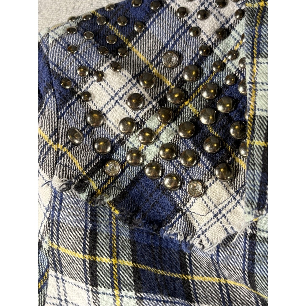 Guess Plaid Flannel Shirt Studded‎ Shoulders Snap Front Hi-Low Hem Navy S - Picture 6 of 7
